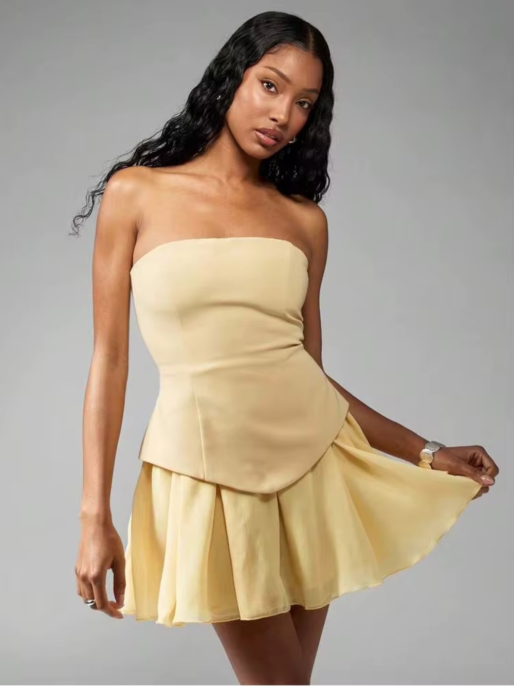 Missguided Pale Yellow Strapless Mini Dress